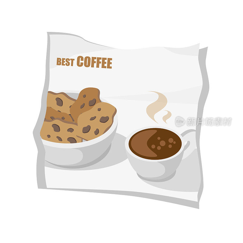 A Cup of hot Coffee with Steam, bowl of Cookies with Chocolate Chips on the creased napkin